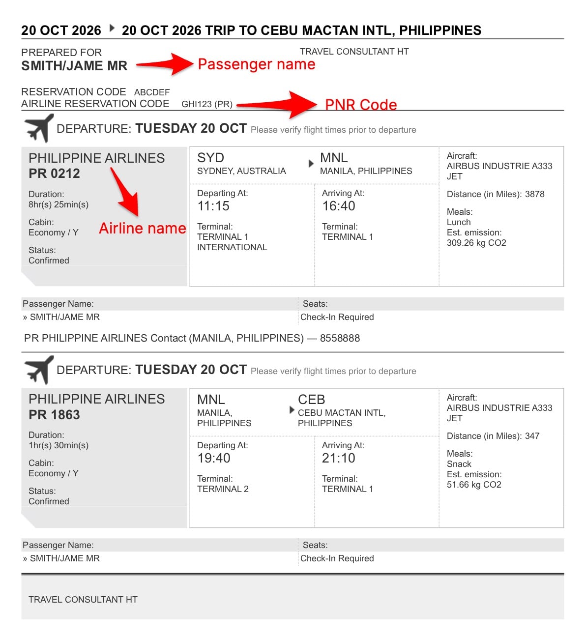 Example onward travel reservation showing passenger and itinerary details